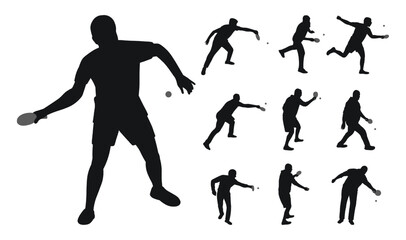 Set of black silhouettes of tennis players with racket and ball, isolated vector - obrazy, fototapety, plakaty