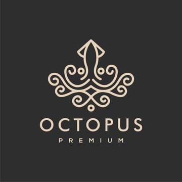 Modern Octopus Squid Tentacles Logo in simple minimalist line art monoline outline style, elegant geometric octopus logo Vector