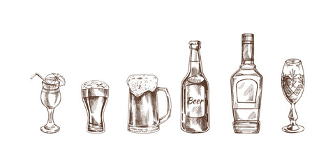 A set of hand-drawn sketches of alcohol drinks. Vector illustration in vintage style. Beverages. Good for the menu..