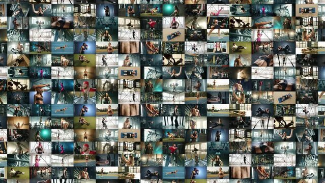 A zooming collage effect transitions from a view of 400 small video frames to a clearer view of 100 video frames, highlighting individual fitness moments in a gym setting. 