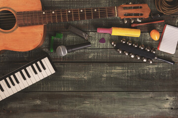 Music and musician background with copy space for ads and banners - Diverse musical instruments and...