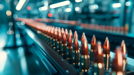 Ammunition production line with bullets in factory. - obrazy, fototapety, plakaty
