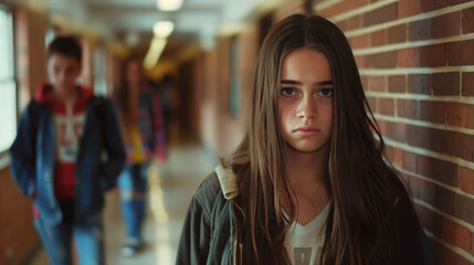 Teenage girl feeling alone and sad in a busy school hallway. - obrazy, fototapety, plakaty