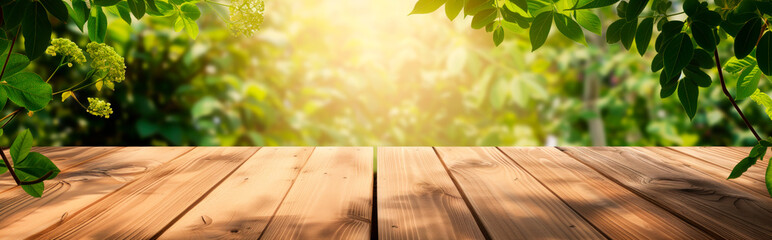 Wooden table with a sunny nature background. Perfect for product placement.
