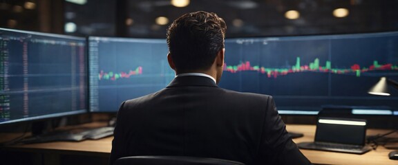  buying stocks with a mesmerizing depiction of an businessman, their back presented in a half-turn, wearing suits in an office, seated in front of a commanding monitor, engrossed in the process - obrazy, fototapety, plakaty