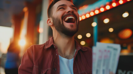 Joyful man clutching lottery tickets while celebrating a lottery win. Shallow field of view. - obrazy, fototapety, plakaty