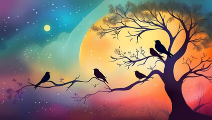 Silhouette of birds sitting on a tree branch.