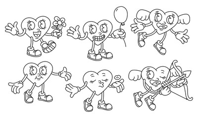 A set of contour hearts of boys in different positions and emotions. A heartfelt character in the retro grooves style. A coloring book for Valentine's Day. Flat vector illustrations on a white doodle