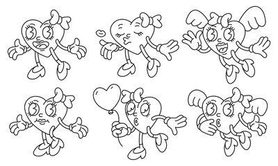set of contour hearts of girls with a bow in different positions, emotions. Heartfelt character in the retro grooves style. Coloring book for Valentine's Day. Flat vector illustrations on a white line