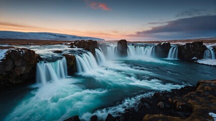 Godafoss waterfall in Iceland during the winter season. Long exposure