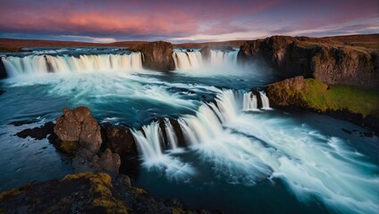 Fototapeta na wymiar Godafoss waterfall in Iceland during the winter season. Long exposure