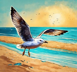 A little seagull with poison in its beak flying over a pretty beach surrounded by golden sand and blue water.in drawing style color