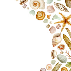 A border of shells and other marine finds painted in watercolor. For your projects
