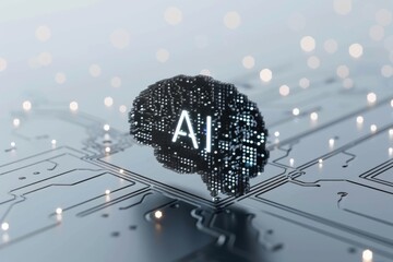 AI Brain Chip mental alertness training. Artificial Intelligence fluid intelligence mind rhetoric axon. Semiconductor policy gradient methods circuit board ai - obrazy, fototapety, plakaty