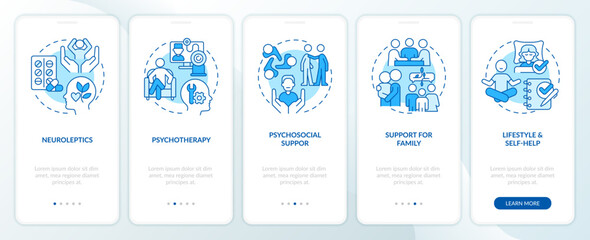 Schizophrenia treatment blue onboarding mobile app screen. Walkthrough 5 steps editable graphic instructions with linear concepts. UI, UX, GUI template. Myriad Pro-Bold, Regular fonts used - obrazy, fototapety, plakaty