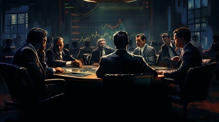 A team of financial analysts gathered around a conference table, engaged in a lively discussion about stock market trends and investment strategies.