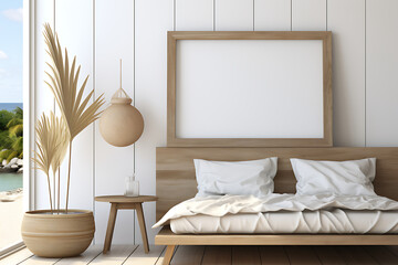 Mock up frame in cozy home interior background, coastal style bedroom, 3d render 
