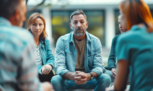 Lost middle-aged man portrait emotionless gazing at camera while he sitting in the circle of psychological mental supporting group session. Mental men's health, psychiatrist professional help concept.