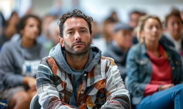 Lost middle-aged man portrait emotionless staring into nowhere while he sitting of psychological mental supporting group session. Mental men's health, psychiatrist professional help concept
