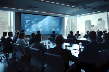A conference room filled with executives in formal attire, attentively listening to a presentation on a large screen, while taking notes on tablets. - obrazy, fototapety, plakaty