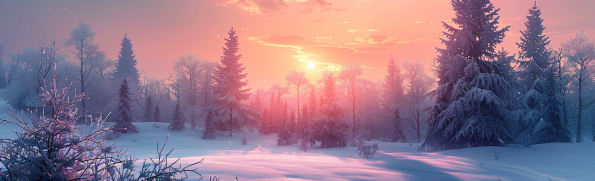 a winter scene with tall trees and snow, in the style of light pink and light orange