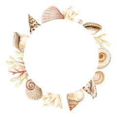 Obraz premium Frame of watercolor shells of various types, driftwood, glass and other sea finds