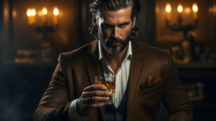 Portrait of a brutal bearded man with a glass of brandy, whiskey, scotch in a bar with dimmed lights and softly lit candles