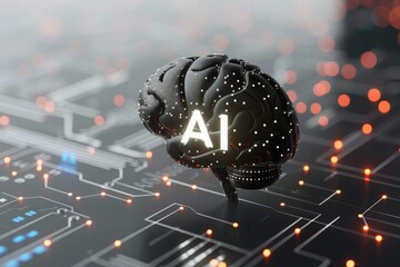AI Brain Chip hebbian learning. Artificial Intelligence cloud networking mind memory read axon. Semiconductor visual stimuli circuit board neurological ethics