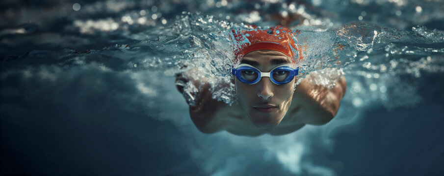 Focused swimmer in action, training in pool with goggles, professional sport concept