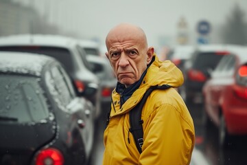 bald man distressed and upset with winter rain