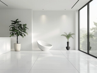 Illustration, the modern interior with white walls is very elegant, and an unusual white chair is stylish and versatile. Minimalism of modern interiors. Unusual design, a classic white color.