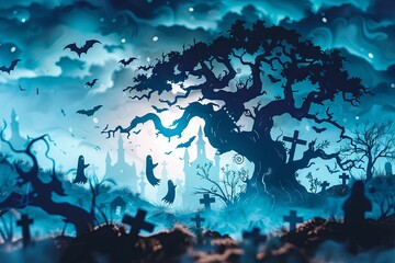 Fototapeta na wymiar Friendly Ghosts & Twisted Tree: Playful Halloween Scene