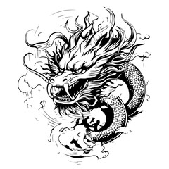 black and white dragon on white background.