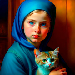 Cute little Victorian girl with a kitten. Vintage design in the style of an old oil painting.