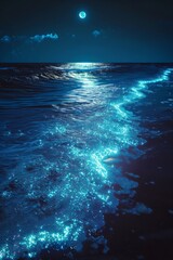 Light blue beach covered with colored glowing glass, fluorescent ocean, moonlight, sparkling stars