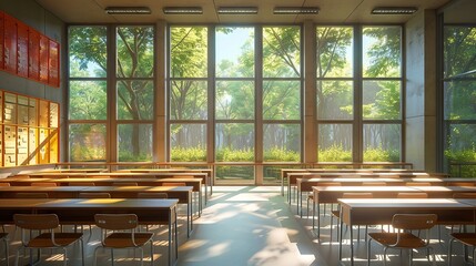 Empty classroom with neat rows of wooden desks and a wall of windows