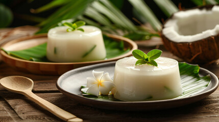 Obraz na płótnie Canvas Traditional Thai dessert. Coconut jelly on the table.