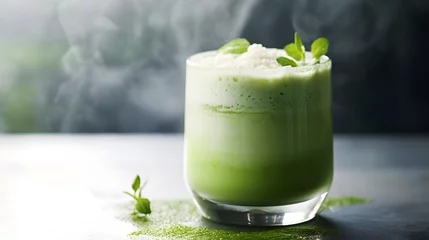 Tuinposter Close-up of green milk foam matcha latte in clear glass on blurred background with smoke or steam © Анна Ілющенко