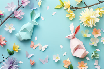 
Easter background using origami technique. paper flowers and Easter bunnies. top view border frame on a pastel blue background with copy space
