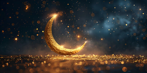 Ramadan crescent moon Eid Mubarak Islamic festival golden britnes moon banner stars and glowing clouds nice color realistic blue background - obrazy, fototapety, plakaty