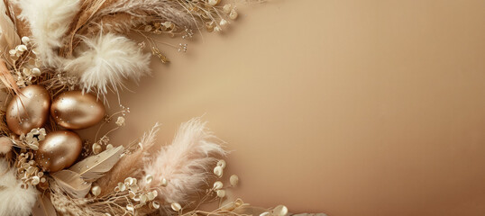 stylish easter wreath arrangement with golden eggs and delicate feathers on a beige background - obrazy, fototapety, plakaty