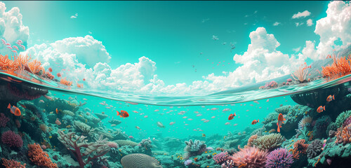 A vibrant coral reef on an alien water planet, viewed under a bright teal sky, with anime-style robotic fish swimming. Retro , 8k