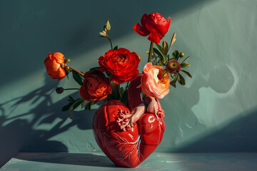 red vase in the shape of an anatomical heart with a bouquet of flowers - obrazy, fototapety, plakaty