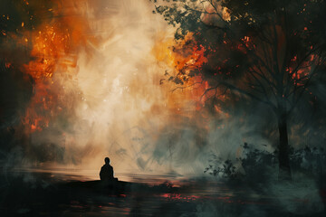 Surreal Landscape with Solitary Figure, Artistic Representation of Contemplation and Inner Turmoil
