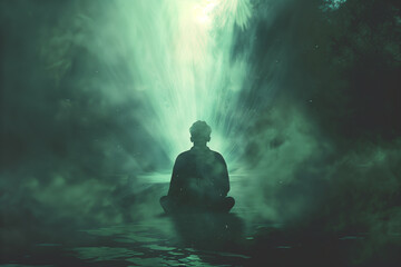Meditative Silhouette with Ethereal Green Lights, an Illustration of Serenity and Inner Peace