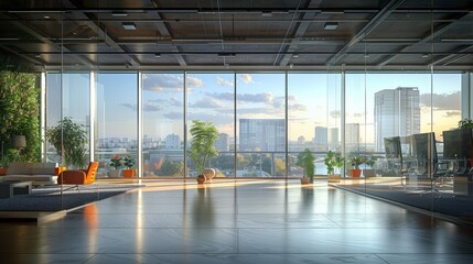 Glass-walled office space overlooking an urban architectural vista - obrazy, fototapety, plakaty