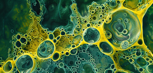 Abstract cellular patterns in green and yellow, resembling microscopic life forms