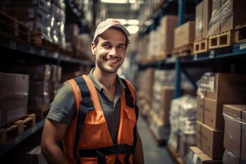 a male warehouse worker in a vest and cap stands against the background of a warehouse with boxes