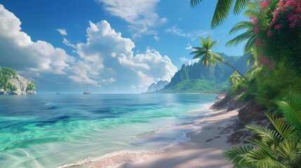 Exotic ocean view from a tranquil tropical shore - obrazy, fototapety, plakaty