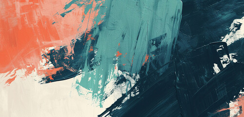 Abstract expressionist brush strokes in a harmony of teal and coral against an ivory canvas